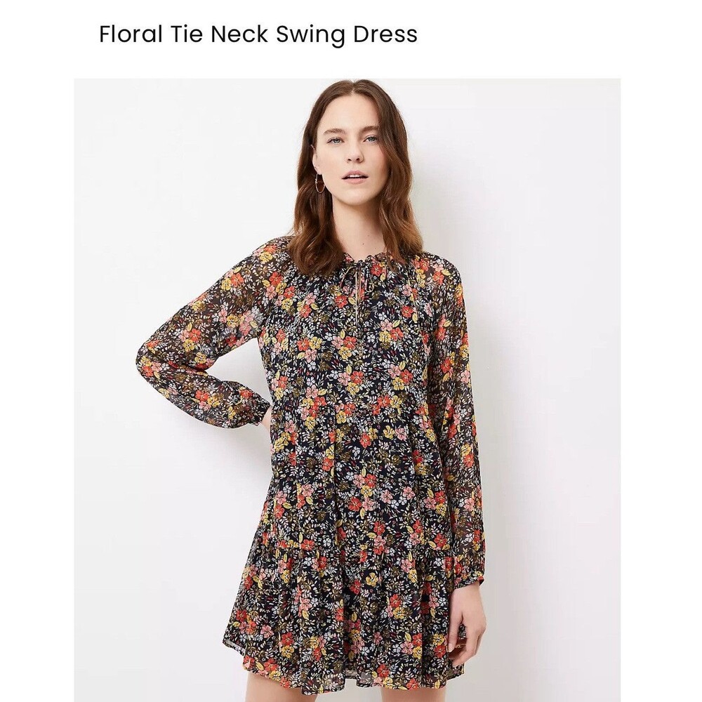 LOFT Black Floral Boho Peasant Dress Women’s M Sheer Chiffon Lined